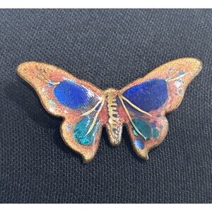 Vintage Butterfly Brooch Enamel Gold Tone Blue Artisan Signed Pin